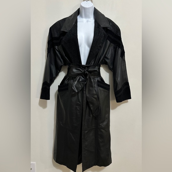 Vintage Black Contrasting Genuine Leather Trench Coat By Gitano Size S - Picture 13 of 13